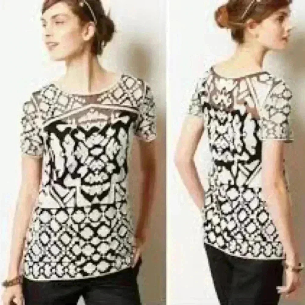 Anthropologie | Everleigh Rococo Sheer Black & Cream Embroidery Blouse
